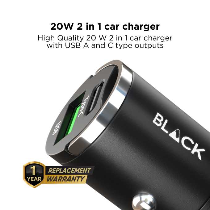 BLACK Power C 2 in 1 Fast Car Charger Metal 100W with USB A and C, 1Yr warranty BLACK Power C 2 in 1 Fast Car Charger Metal 100W with USB A and C, 1Yr warranty